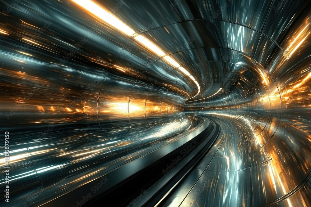 Poster a futuristic, metallic tunnel with glowing lights, creating a sense of speed and movement.