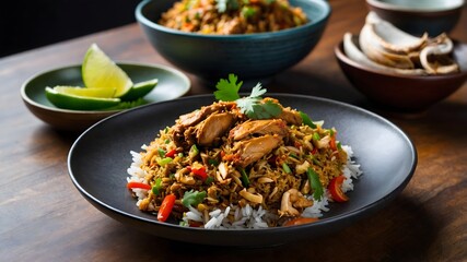 An image of stir-fried rice with chicken pieces vegetables aromatic spices served with slices of lime and a side of spicy coconut sambal is called Sri Lankan Kuttu