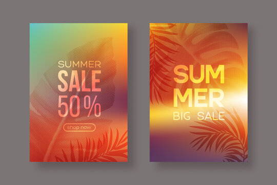 Summer Sale poster design. Best offer promotion cards. Bright red sunset gradient background with tropical leaves. Vector illustration.