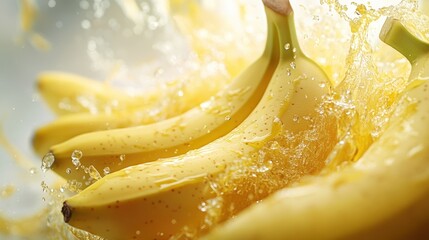A vibrant fruit splash with bananas, splashing in yellow and green, set against a white background