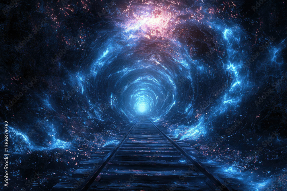 Poster a glowing blue tunnel with railroad tracks leads to a bright light at the end, suggesting a journey 