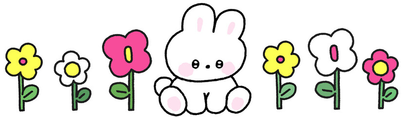 꽃 사이에 앉아 있는 귀여운 토끼 일러스트 스티커 © titi.drawing