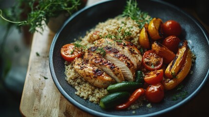A delicious plate of grilled chicken with quinoa and roasted vegetables. Featuring health and flavor