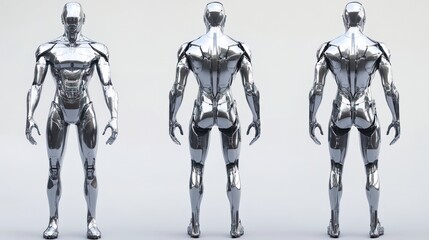 Futuristic chrome robot in three views, Front, back, and angled rear view