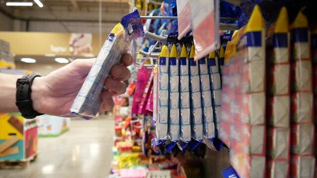 Close-up of a hand taking a package of candies