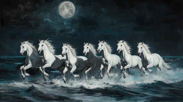 Seven Horses: A majestic painting depicts seven pristine white horses galloping through churning waves under a luminous full moon, evoking a sense of freedom and power. 