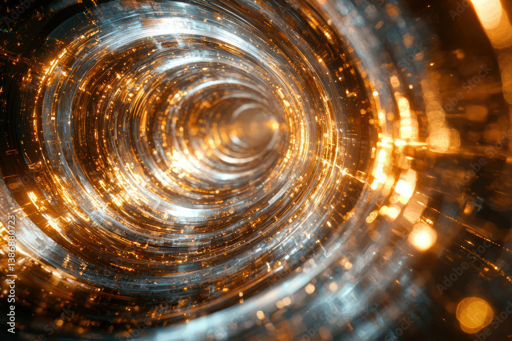 Poster abstract swirling tunnel of light, glowing with golden and silver hues, creating a futuristic and me