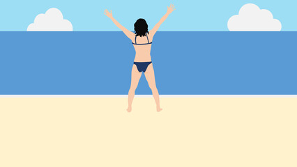浜辺で夏休みを満喫する女性のイラスト(海水浴)
