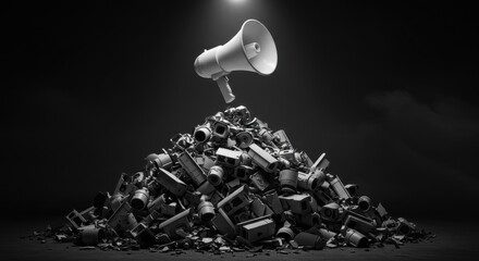 Megaphone Atop Pile of Broken Cameras Communication and Media Critique Concept