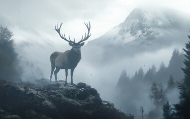 A majestic deer stands proudly amongst foggy mountain scenery