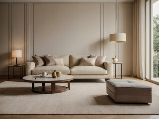 Minimalist cream-colored living room with sofa and coffee table.