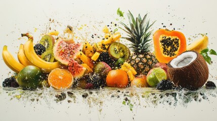 A tropical fruit splash with assorted fruits like papayas, bananas, pineapples, coconuts, and jackfruit, splashing with yellow, green, and brown, set against a white background