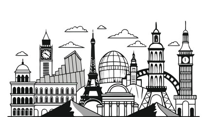 Black and White Sketch of Iconic World Landmarks. Minimalist line art featuring Eiffel Tower, Colosseum, Taj Mahal, Statue of Liberty, and more in a clean row on White Background
