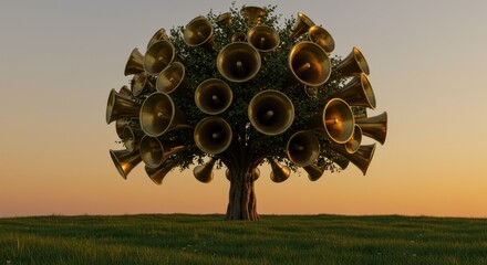 Unique Speaker Tree in Field Amplifying Message Concept at Sunset