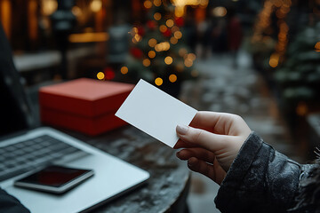 Woman Holding Business Card Near Laptop With Christmas Bokeh Background