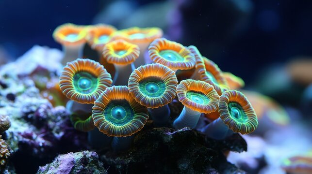 Vibrant coral cluster in a reef tank.  Close-up view of colorful, clustered corals with intricate patterns of orange and lime green.  Healthy marine life thriving in an aquarium