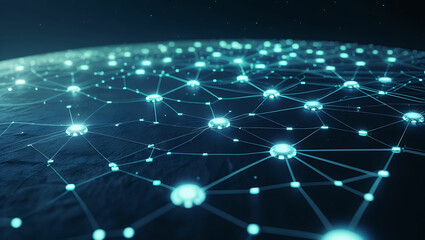 Fototapeta premium A digital network with glowing nodes connected by lines on a dark surface under a starry sky above