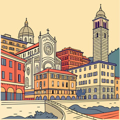 Genoa, Italy city skyline with colorful buildings in a vibrant vector illustration.