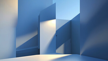 Abstract interior with blue walls and sunlight casting shadows creating a minimalist atmosphere