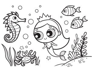 Fototapeta premium Adorable Mermaid Coloring Page, Underwater Adventure for Kids, Printable Ocean Scene with Sea Creatures.