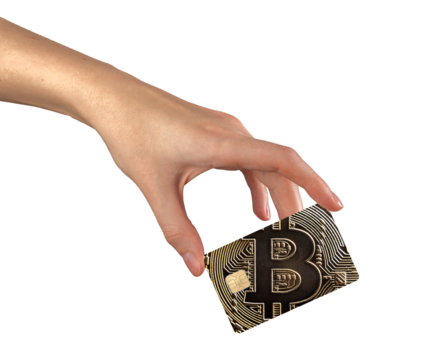 Crypto currency concept. Bitcoin symbol with golden coin, wallet, card, digital payment, electronic trading, mining, blockchain, finance, banking, global economy, online business..