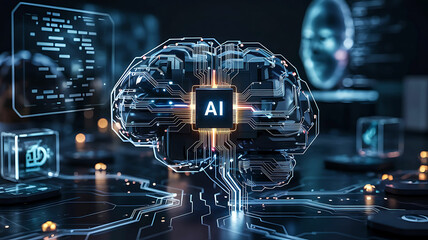 Artificial intelligence brain with circuit board and glowing ai text on a dark background