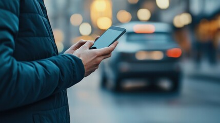 Person using mobile technology to control smart devices urban street action scene nighttime environment close-up view
