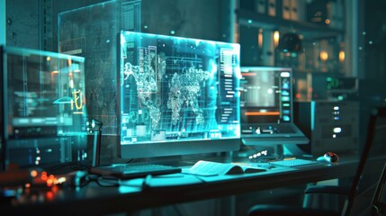 A computer monitor displays a map of the world with a green screen behind it