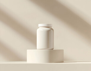 White supplement bottle on a podium