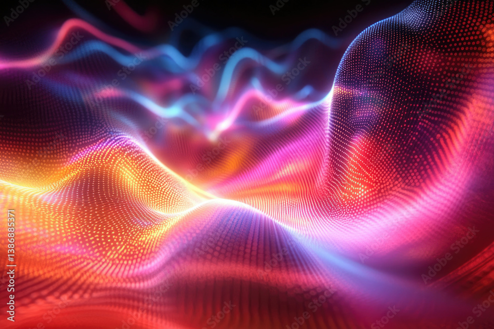 Poster abstract vibrant wave of glowing particles, dynamic and colorful, digital art.