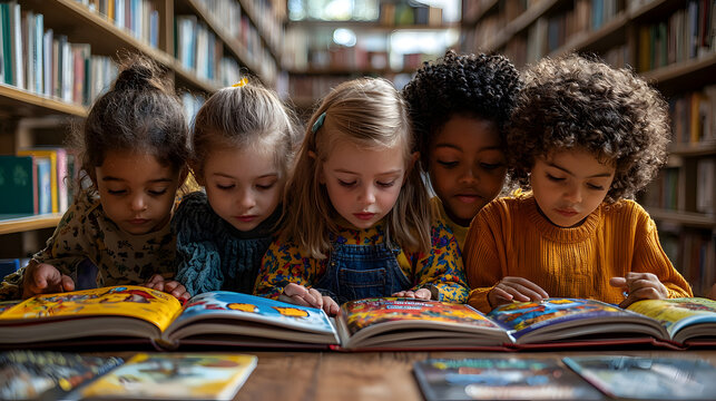 Kids reading together in school library