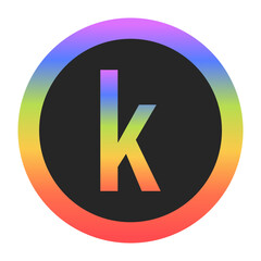 Modern Lowercase Letter k logo with a colorful rainbow gradient and circular border. Dark background enhances contrast, perfect for tech, branding, or creative design.