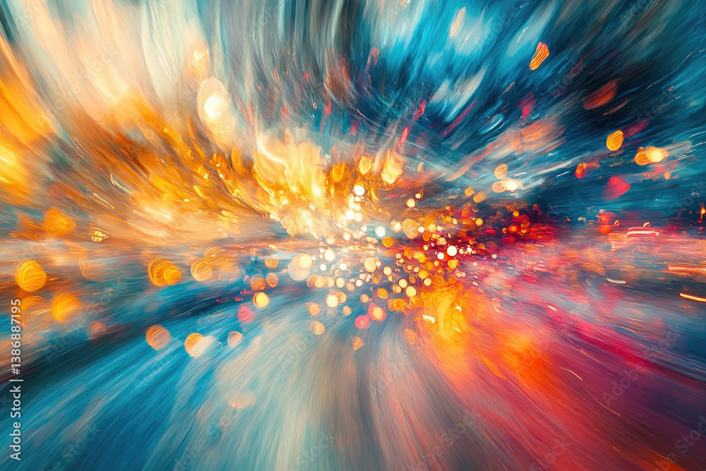 Fototapete abstract art depicting a vibrant, dynamic explosion of colorful light streaks and bokeh, creating a 