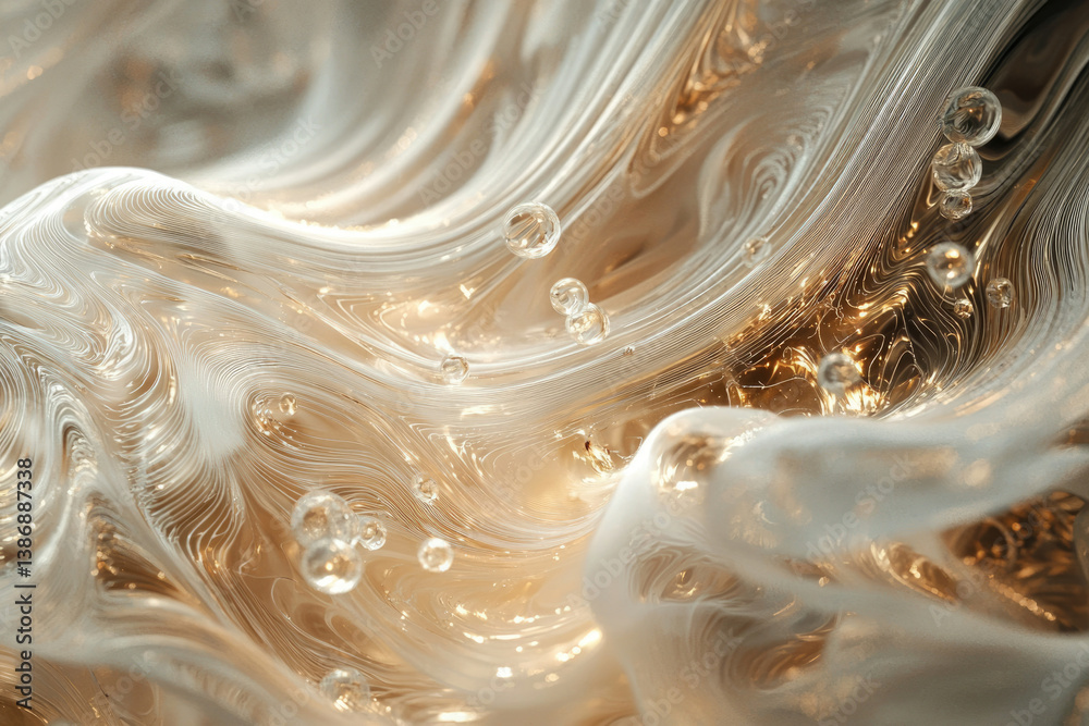 Poster Abstract image of swirling, translucent beige and white liquid with embedded bubbles, resembling flowing fabric or a celestial scene.