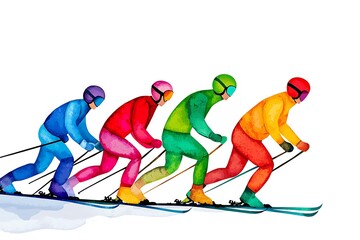 Obraz premium Colorful Watercolor Skiers in Dynamic Motion on Snowy Slopes