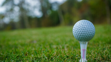 Golf ball on green grass in the evening golf course with sunshine background.