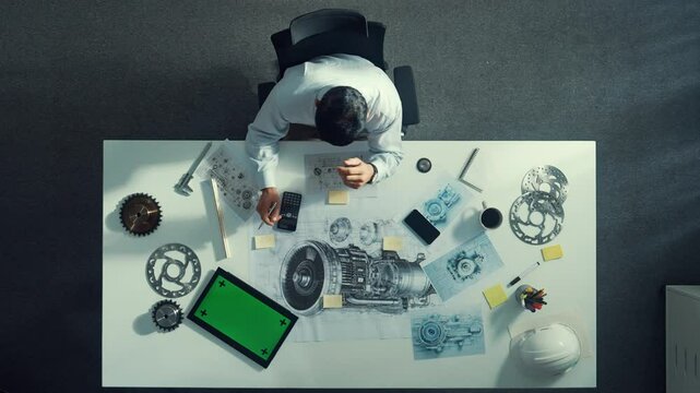 Top down view of skilled engineer writing and planning turbine engine design while sitting at meeting table with gear and electronic generator scatter around. Technician taking a note. Alimentation.