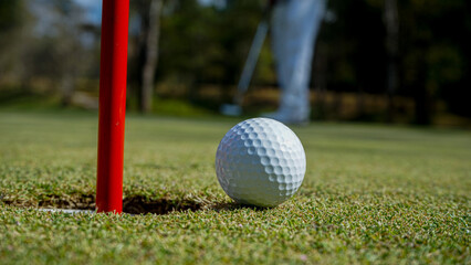 Golf ball on green grass in the evening golf course with sunshine background.