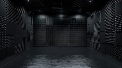 Futuristic black soundproof room dark background. AI generated