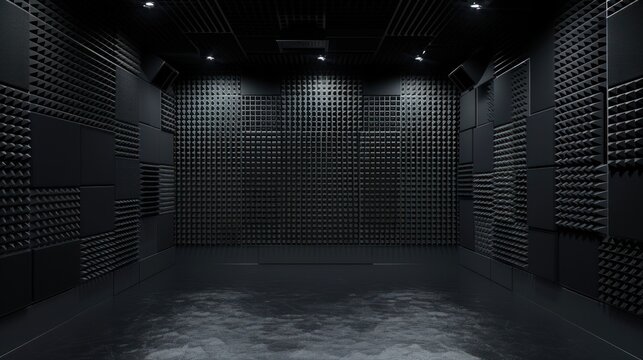 Futuristic black soundproof room dark background. AI generated