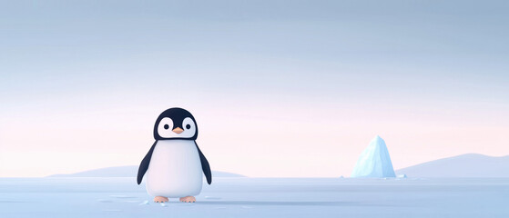 Obraz premium Ocean Crisis Ecosystem. lone penguin st on icy terrain under vast sky, highlighting ocean ecosystem crisis