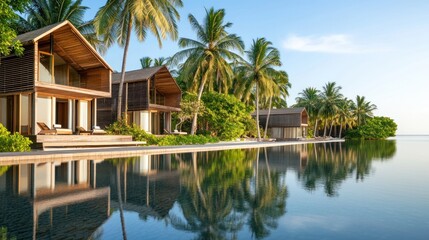 Tranquil tropical resort villas reflected in still turquoise waters