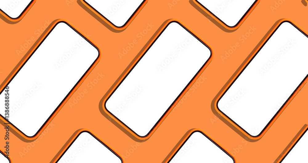 Poster Flatlay of multiple smartphones with blank screens, arranged in a repeating pattern. The clean, minimal design showcases a creative, abstract setup with orange-colored devices, perfect for a.