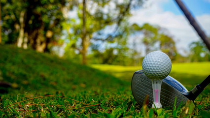 Golf clubs and golf balls on a green lawn in a beautiful golf course with morning sunshine.
