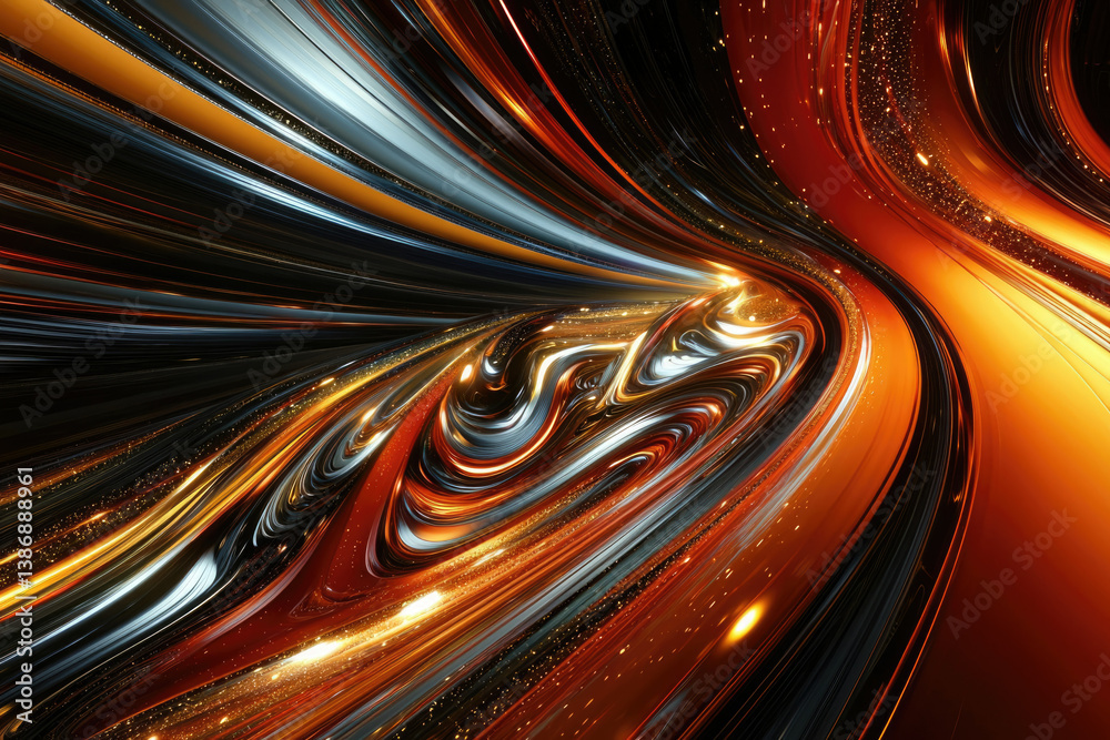 Poster abstract swirling vortex of metallic orange, black, and silver hues, creating a dynamic and energeti