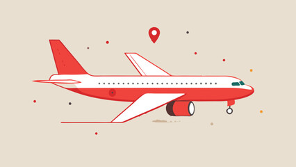 Illustration of White Airplane with Red Tail Fins and Flight Path Clean, graphic design with dotted line, red location pins, and subtle shadow on beige background