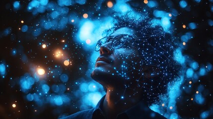 Digital Mind: A Man's Face Illuminated by a Network of Light