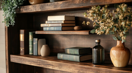 Vintage Wooden Shelves with Books and Decor Items create a timeless and charming display, where aged wood serves as the backdrop for an eclectic mix of well-loved books, antique decor pieces, and pers