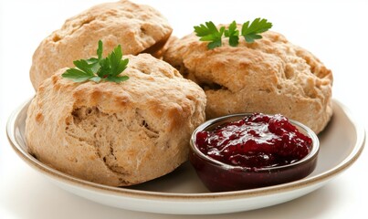 Delicious homemade biscuits with cranberry jam, breakfast food photography