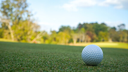 Golf ball on green grass in the evening golf course with sunshine background.